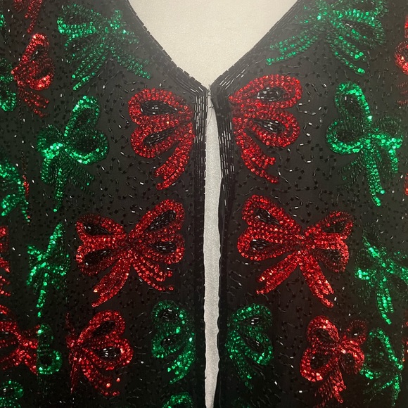 Vintage beaded, sequins Christmas jacket green & red bows silk - Picture 4 of 5